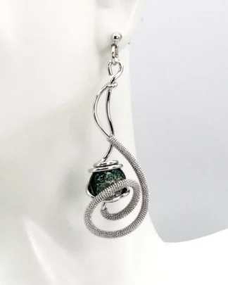 Swirl long earring detailed wire wrapped rhodium with a sparkling green Murano glass bead