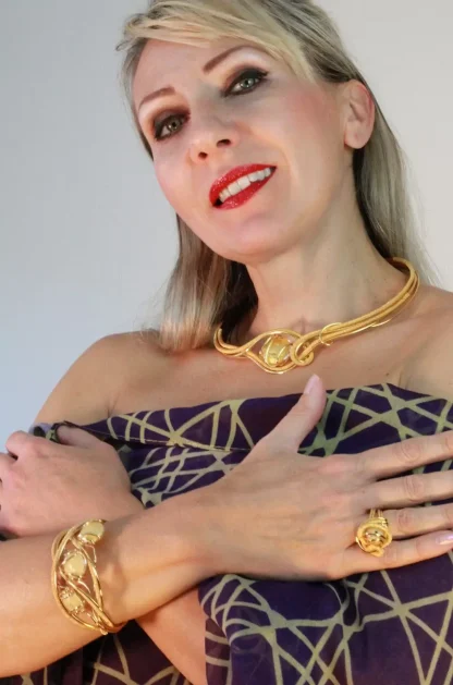 Gold set necklace, ring, bracelet in wrapped wire, statement set with gold Murano glass beads