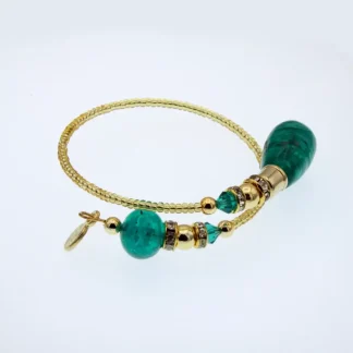 Murano glass wrap bracelet with gold glass beads and large green beads at its ends, mini bling and gold details