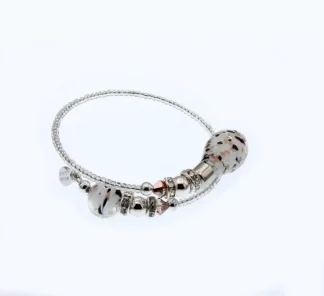 wrap bracelet of Murano glass seed silver beads and two large speckled drop beads at its ends, mini bling and silver details