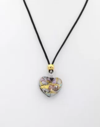 Murano heart necklace of gold and pastel colors on a 16 inch silk cord