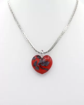 Red Murano glass heart necklace with silver infusion on a 14 inch cobra chain