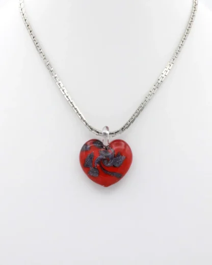 Red Murano glass heart necklace with silver infusion on a 14 inch cobra chain