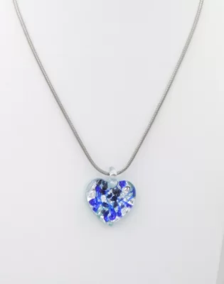 Murano heart necklace blue swirls of glass with black spots on silver Murano glass on 16 inch silver tone snake chain