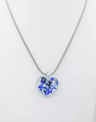 Murano heart necklace blue swirls of glass with black spots on silver Murano glass on 16 inch silver tone snake chain