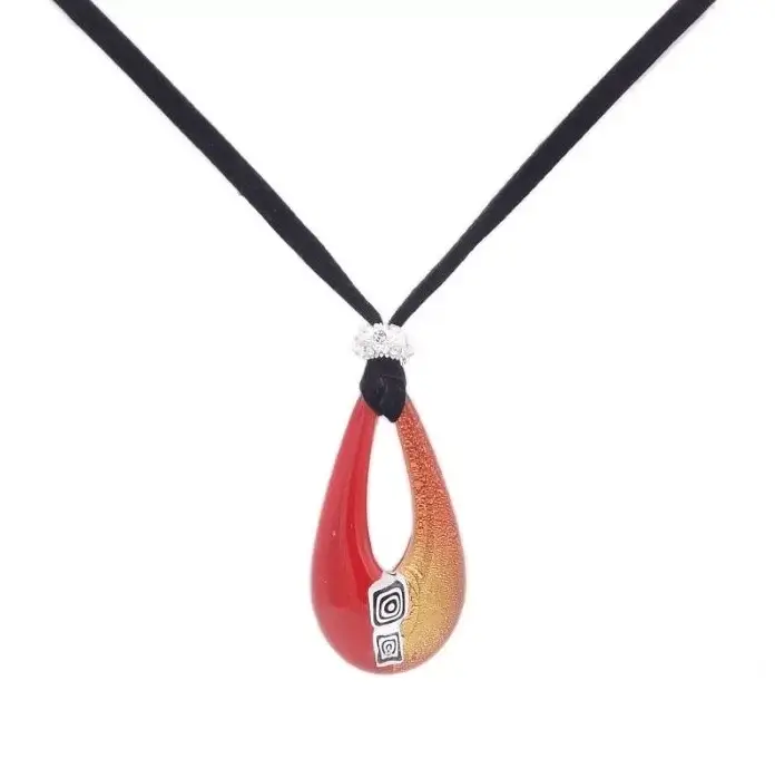 Red orange and gold teardrop Murano pendant on a black velvet cord