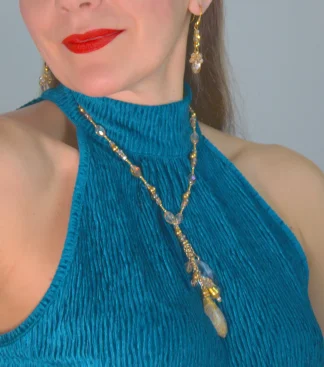 Crystal Y-shaped necklace Murano glass necklace with beveled glass, infused gold and various shape beads and beautiful sparkle , matching earrings