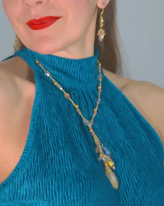 Crystal Y-shaped necklace Murano glass necklace with beveled glass, infused gold and various shape beads and beautiful sparkle , matching earrings