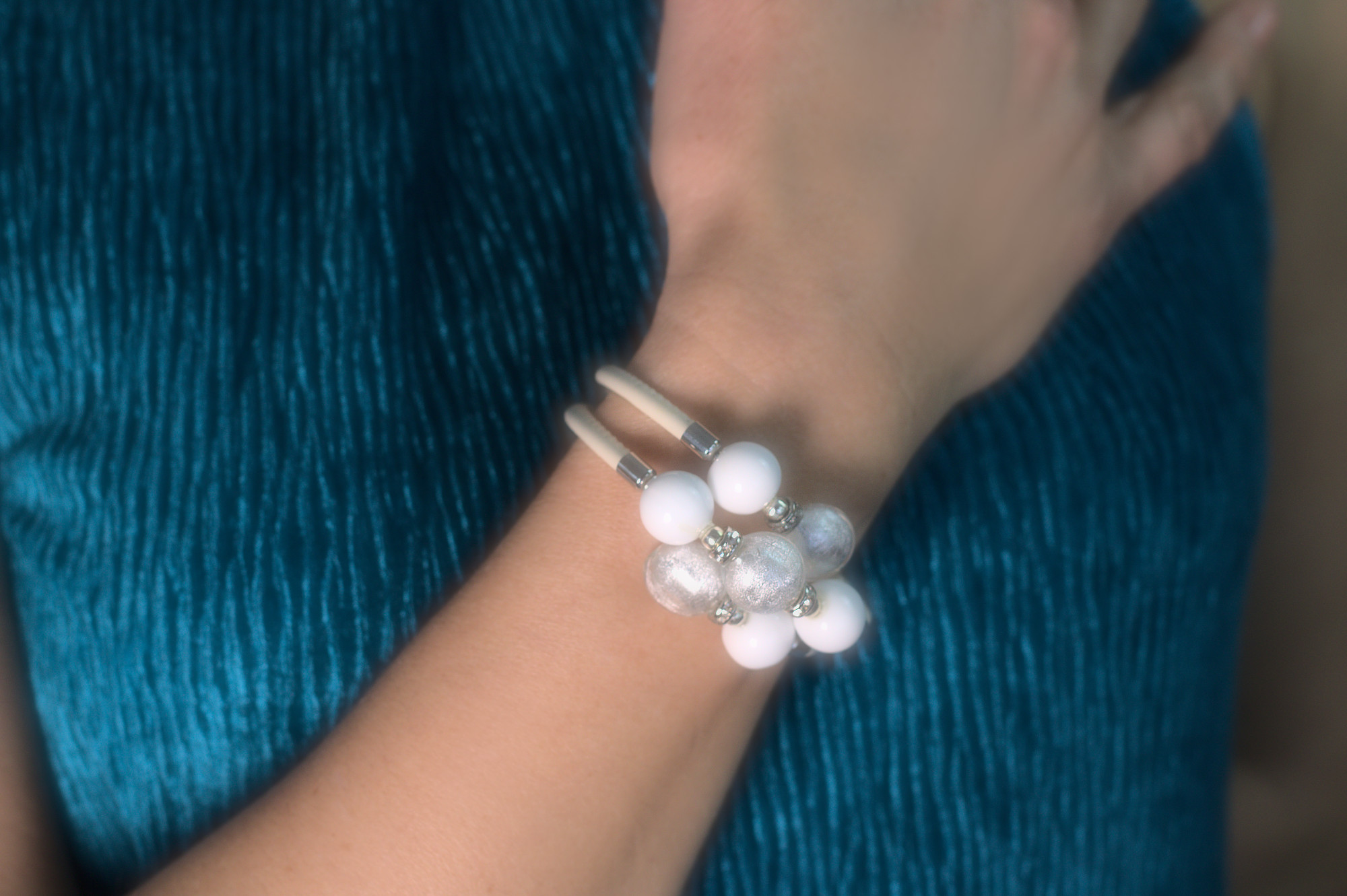 Bracelet of white leather and white and silver infused Murano glass beads, triple wrap around wrist