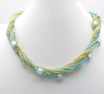 Murano gold and turquoise seed beads multistrand necklace with shining turquoise round beads interspersed 