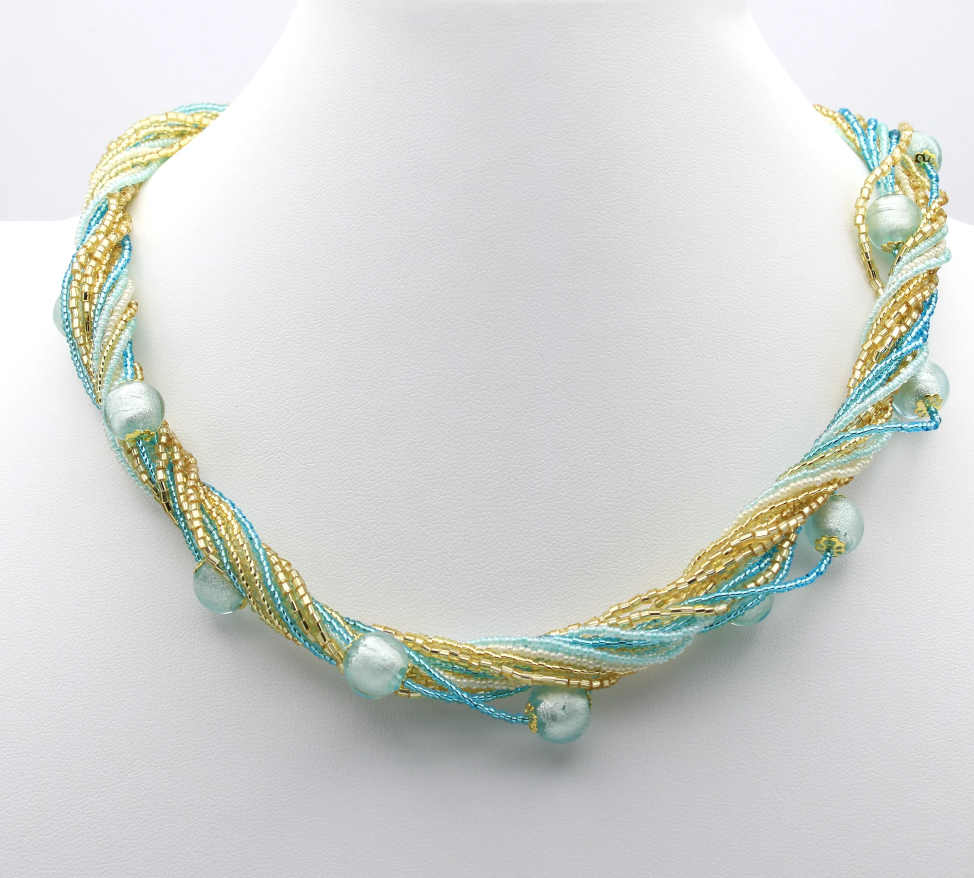 Murano gold and turquoise seed beads multistrand necklace with shining turquoise round beads interspersed