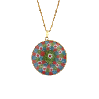 Millefiori disc pendant in red, blue and green with white accents 1 /4 inch disc set in gold casing on gold plated satellite chain