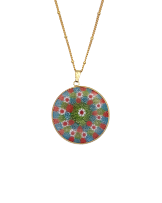 Millefiori disc pendant in red, blue and green with white accents 1 /4 inch disc set in gold casing on gold plated satellite chain