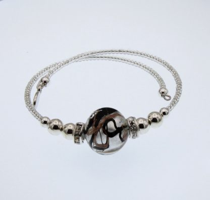 Murano glass silver wrap bracelet with silver and black and copper large glass bead and bling details