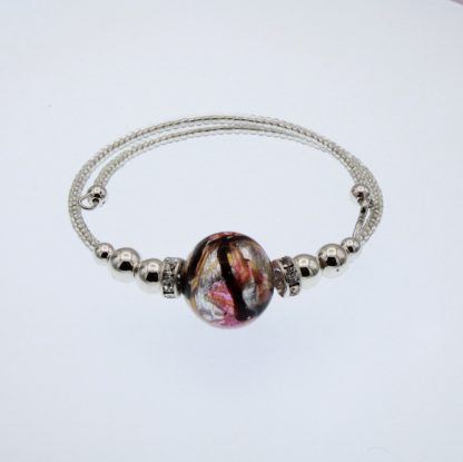 Murano glass silver wrap bracelet with pink tones large silver bead glass bead and bling details