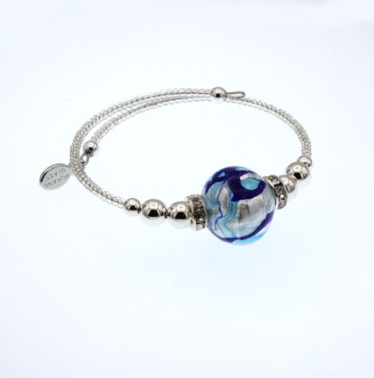 Murano glass silver wrap bracelet with silver and blue large glass bead and bling details