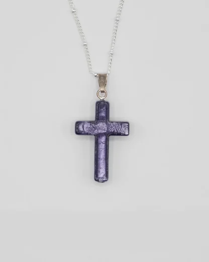 Medium 1 inch purple Murano glass cross on a silver plated satellite chain