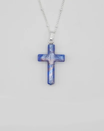 Medium 1 inch blue silver Murano glass cross on a silver plated satellite chain