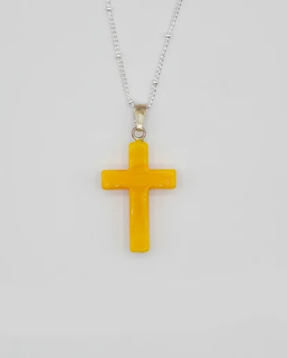 Medium 1 inch yellow Murano glass cross on a silver plated satellite chain