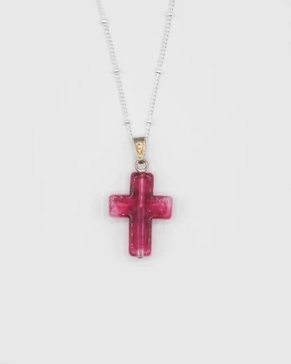Small 3/4 inch claret Murano glass cross on a silver plated satellite chain