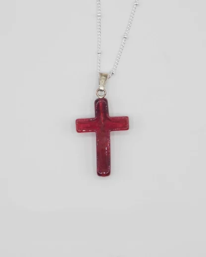 Medium 1 inch claret Murano glass cross on a silver plated satellite chain