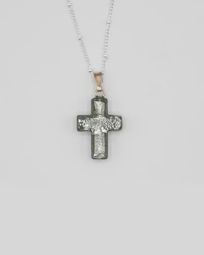 Small 3/4 inch silver gray Murano glass cross on a silver plated satellite chain