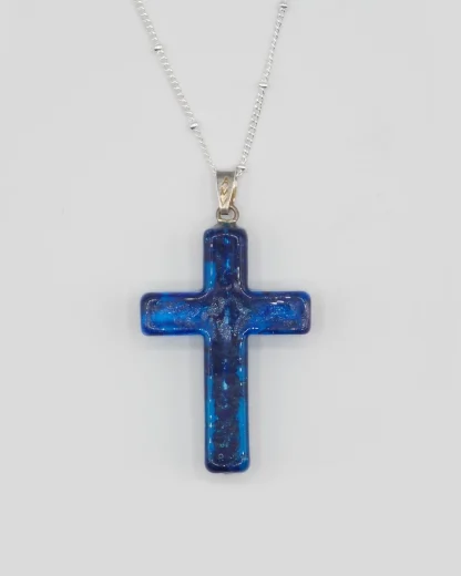 Large 1 1/2 inch blue Murano glass cross on a silver plated satellite chain