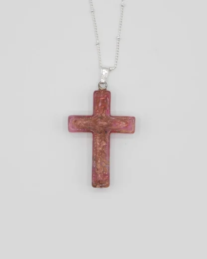 Large 1 1/2 inch copper Murano glass cross on a silver plated satellite chain