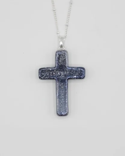 Large 1 1/2 inch grey speckled Murano glass cross on a silver plated satellite chain