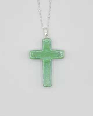Large 1 1/2 inch seafoam Murano glass cross on a silver plated satellite chain