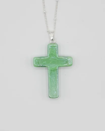 Large 1 1/2 inch seafoam Murano glass cross on a silver plated satellite chain