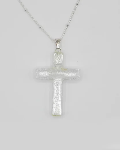 Large 1 1/2 inch white with silver infusion Murano glass cross on a silver plated satellite chain