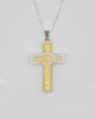 Large 1 1/2 inch white with gold infusion Murano glass cross on a silver plated satellite chain