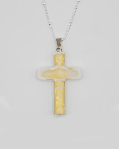 Large 1 1/2 inch white with gold infusion Murano glass cross on a silver plated satellite chain