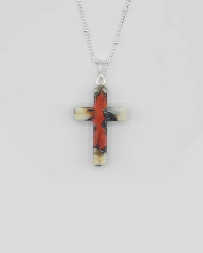 Medium 1 inch marble color Murano glass cross on a silver plated satellite chain