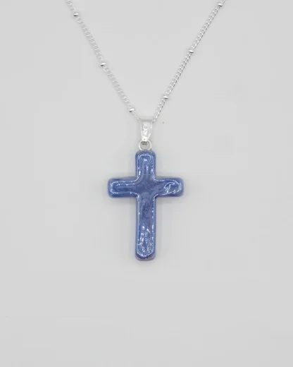 Medium 1 inch periwinkle Murano glass cross on a silver plated satellite chain