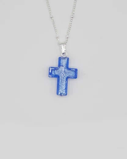 Small 3/4 inch Murano glass cross light blue with silver infusion on silver plated satellite chain