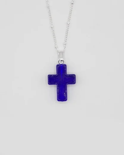 Small 3/4 inch cobalt Murano glass cross on a silver plated satellite chain