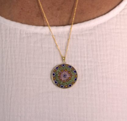 Millefiori in Earth tones and blue on model