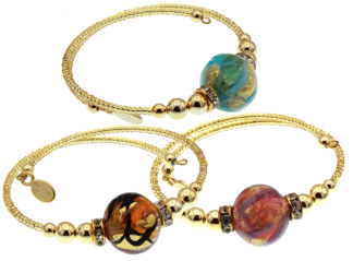 Three Murano glass wrap bracelets with seed beads and one large glass bead, green and gold, amber and gold, pink and gold