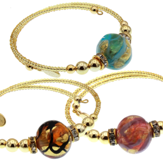 Three Murano glass wrap bracelets with seed beads and one large glass bead, green and gold, amber and gold, pink and gold