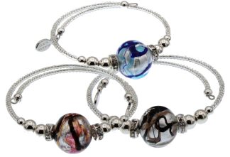Three Murano glass silver wrap bracelets with pink, blue or copper color large glass beads and silver seed beads with bling detail