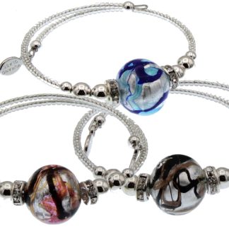 Three Murano glass silver wrap bracelets with pink, blue or copper color large glass beads and silver seed beads with bling detail