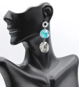Aqua silver Murano drop earring 2 inches long with 1 inch diameter globe Murano lampwork bead, stud wire, and silver disc attached