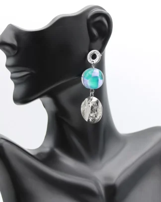 Aqua silver Murano drop earring 2 inches long with 1 inch diameter globe Murano lampwork bead, stud wire, and silver disc attached