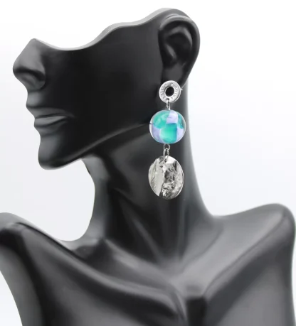 Aqua silver Murano drop earring 2 inches long with 1 inch diameter globe Murano lampwork bead, stud wire, and silver disc attached