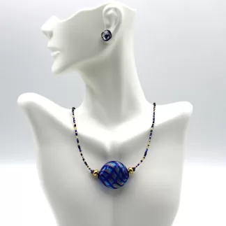 Blue and gold spherical hollow Murano bead on beaded chain and matching earrings
