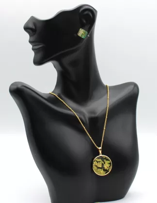 Green and gold Murano glass disc necklace necklace on gold chain with matching stud earrings