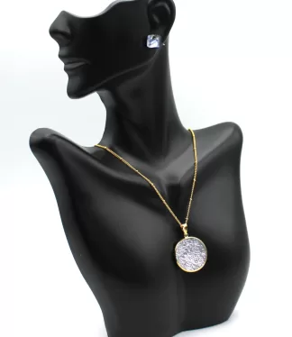 Murano glass silver tone disc necklace on gold chain with matching stud earrings