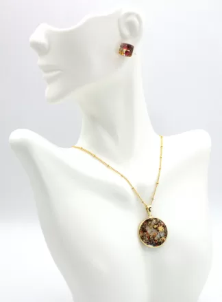 Red and gold Murano glass disc necklace on a gold detailed chain and stud earring set